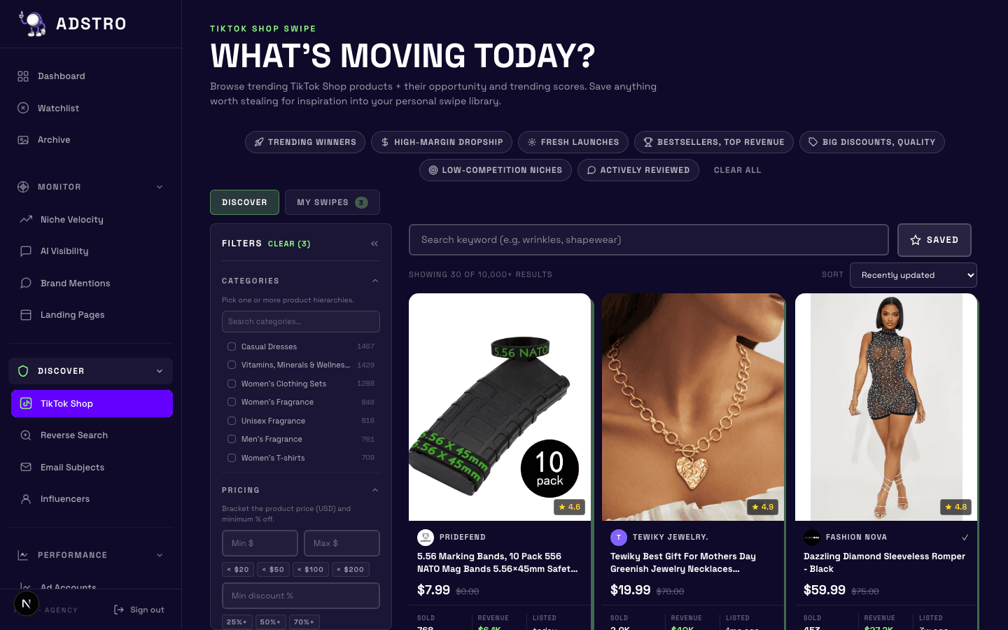 TikTok Shop Swipe — ADSTRO dashboard